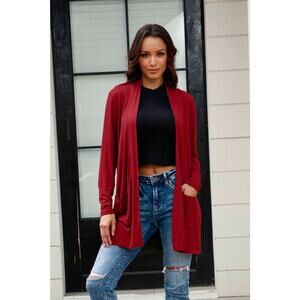 BASIC BAE Deep Red Open Front Long Sleeve Cardigan Pockets NEW